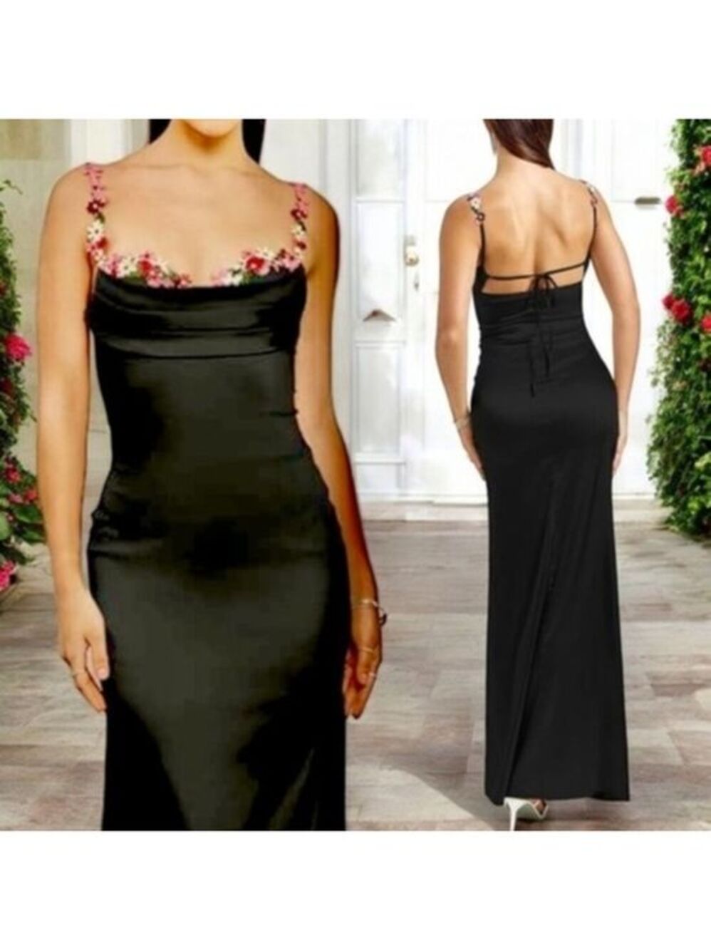Black Satiny Floral-Embroidered Bust/Straps Fitted Evening Formal Maxi Dress NWT